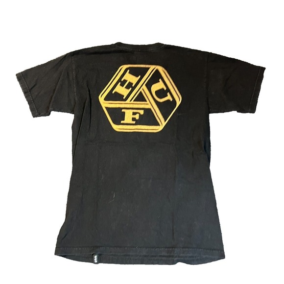 HUF Shirt Mens Small Black Short Sleeve Skate Surf Big Back Logo‎ Crew Retro - Picture 1 of 6